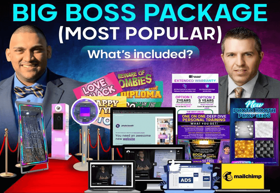 Title and "What’s included?" section with training materials, advertising tools, props, and multiple photo booth models.