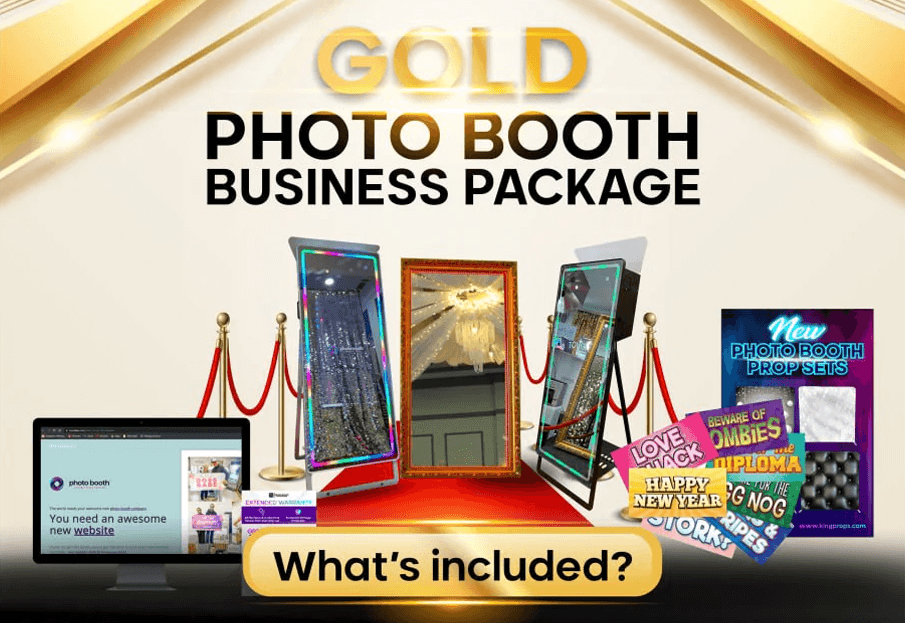 Title and "What’s included?" section with premium photo booths, mirror booths, props, and a website.