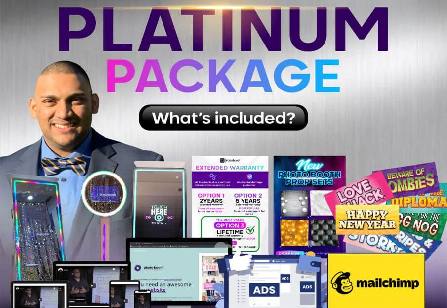 Title and "What’s included?" section with photo booth props, advertising support, and personal training.
