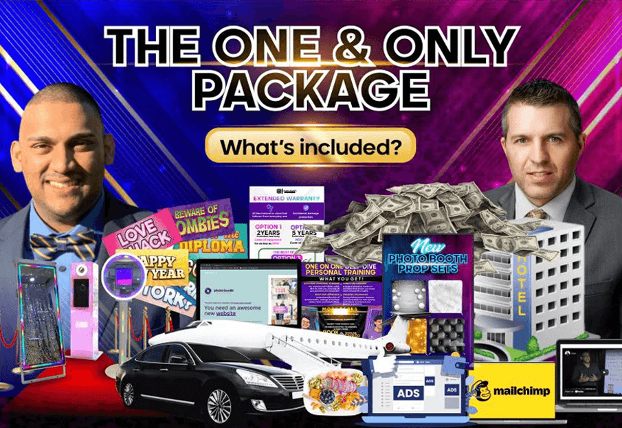 Title and "What’s included?" section with high-end photo booths, website, and luxury items like a car and jet.